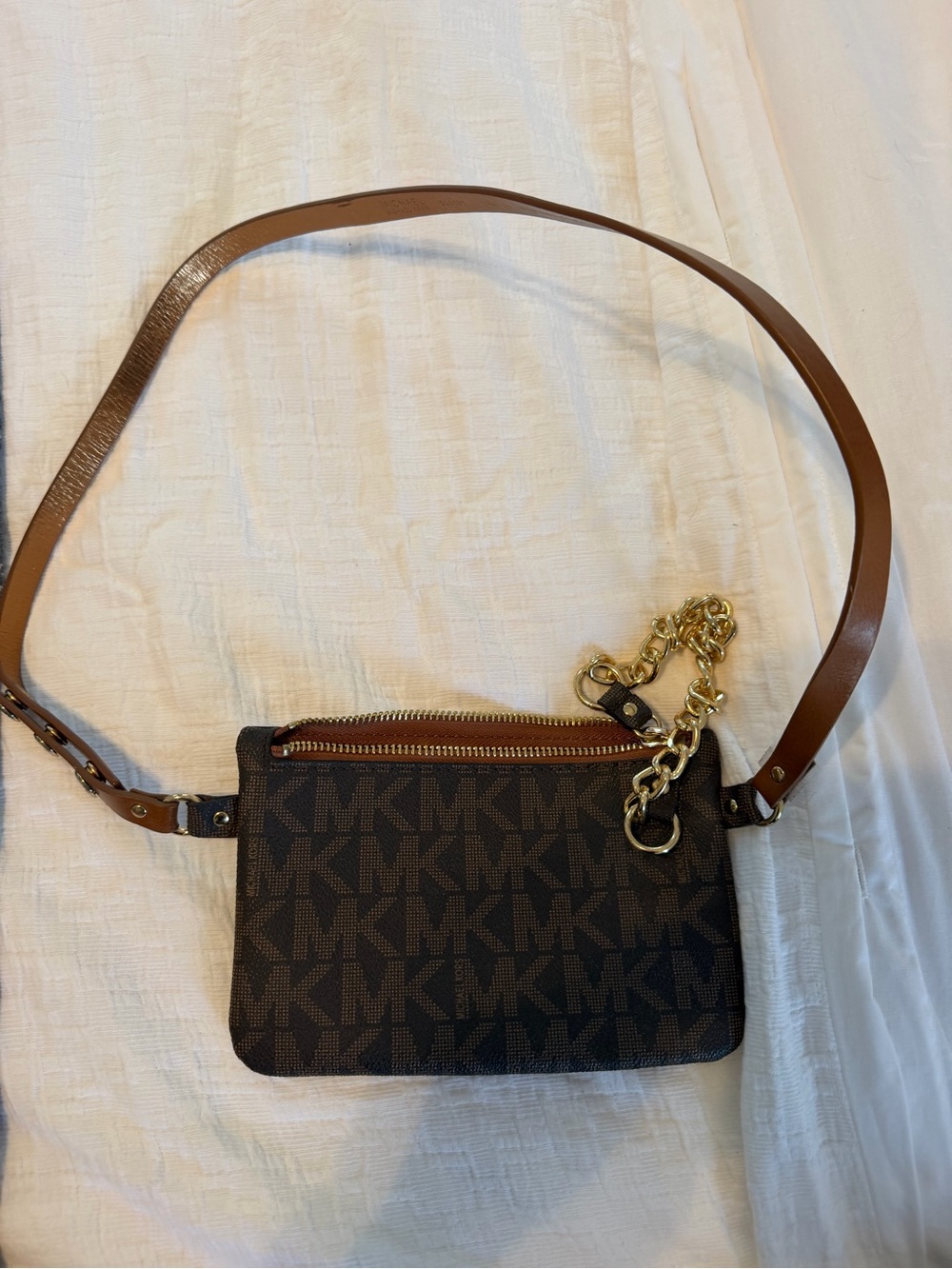 Michael Kors Brown MK Signature Canvas Crossbody with Gold Chain